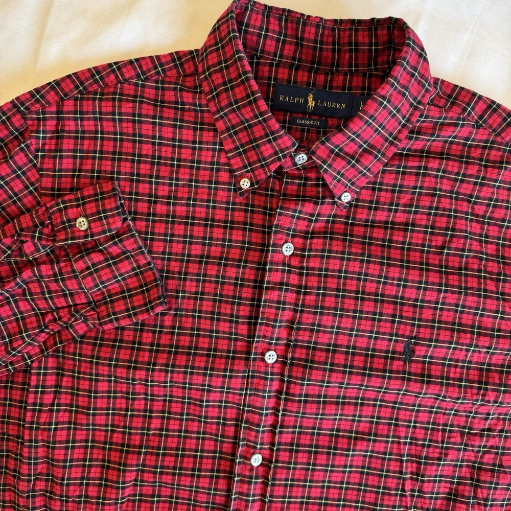 Ralph Lauren Button Down Shirt Large Red Black Plaid Classic Fit Long Sleeve‎